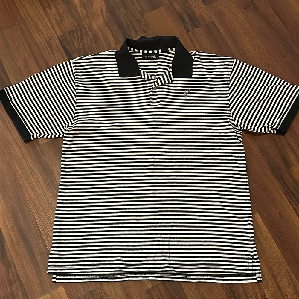 Vintage 90s Ashworth Mens Golf Polo Navy Blue, White Striped 100% Cotton XXL